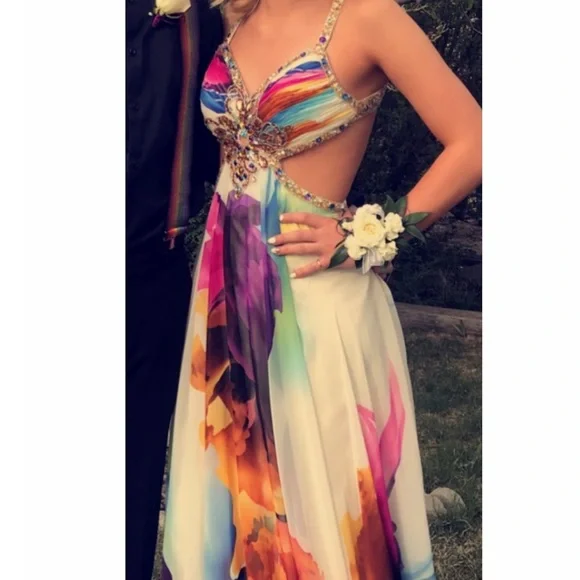 Multicolor Beaded Halter Floral Dress - Picture 5 of 7